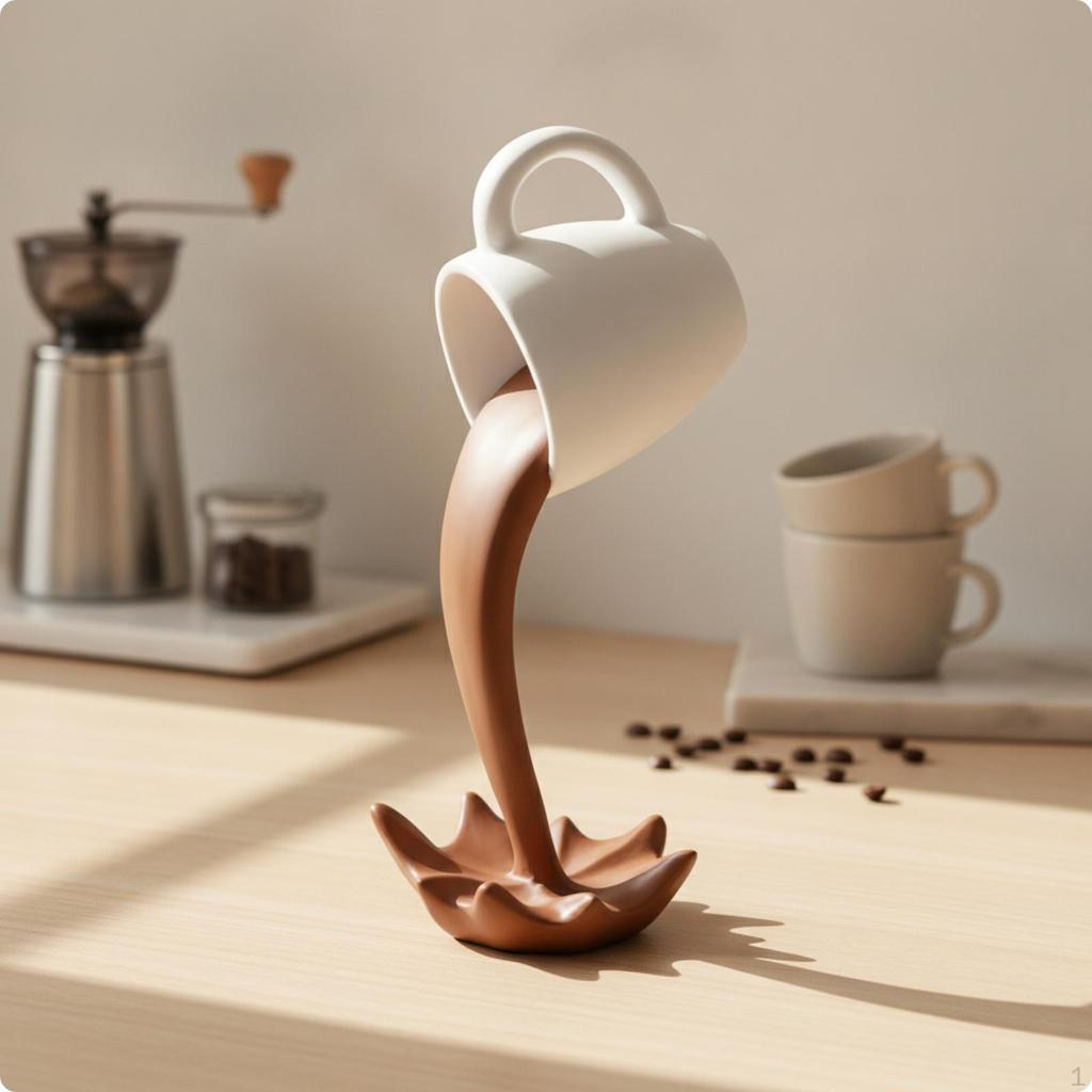 Levitating Coffee Cup Sculpture Suspended Pouring Ornament Novelty Table for