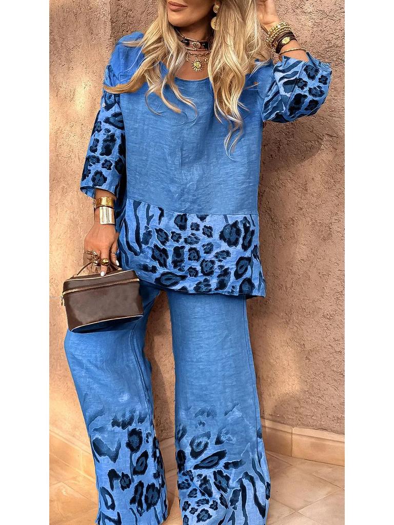 Set Retro Imprimat de Vară pentru Femei 2025: Top cu mânecă medie și pantaloni lungi cu talie înaltă