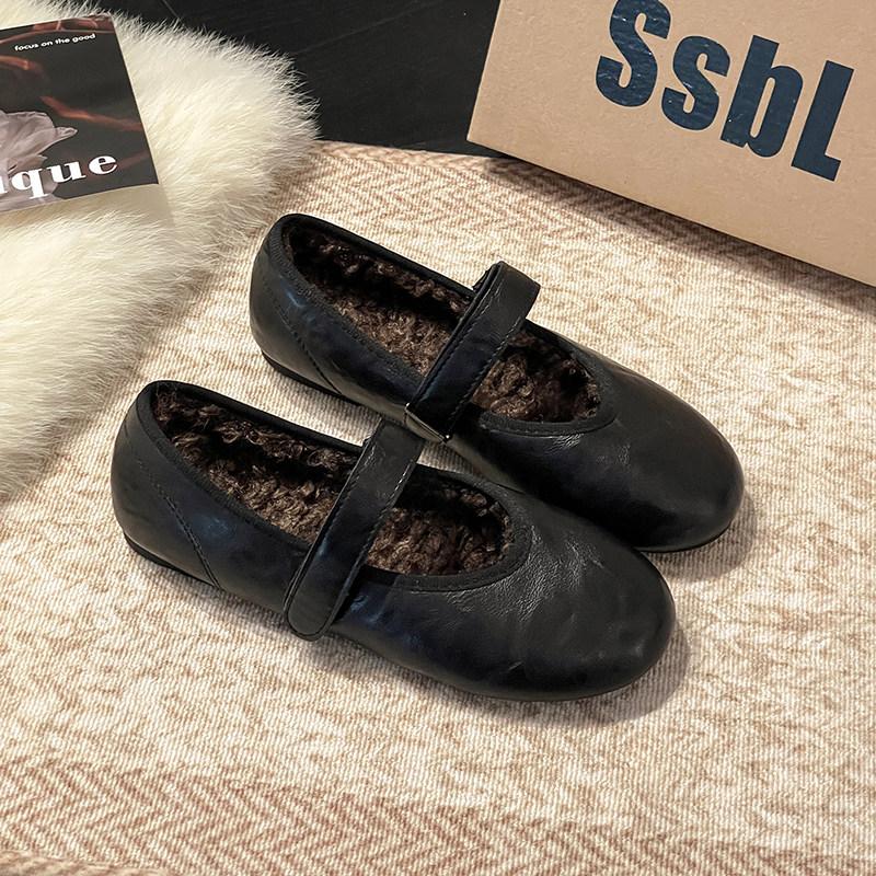 Komfortable Fleecegefütterte Damen Ballerinas Schlichte Runde Zehenschuhe 2026 Neue Frühjahrs Warme Baumwolle zum Hineinschlüpfen Oma's Schuhe