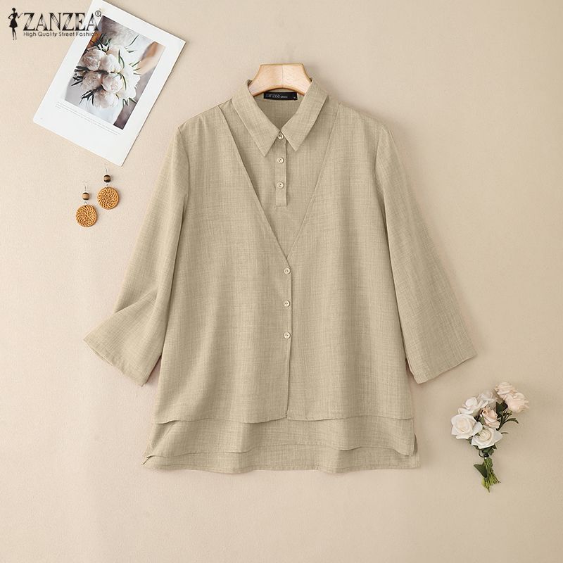 ZANZEA Women Casual Turn Down Collar 3/4 Sleeve Loose Blouse