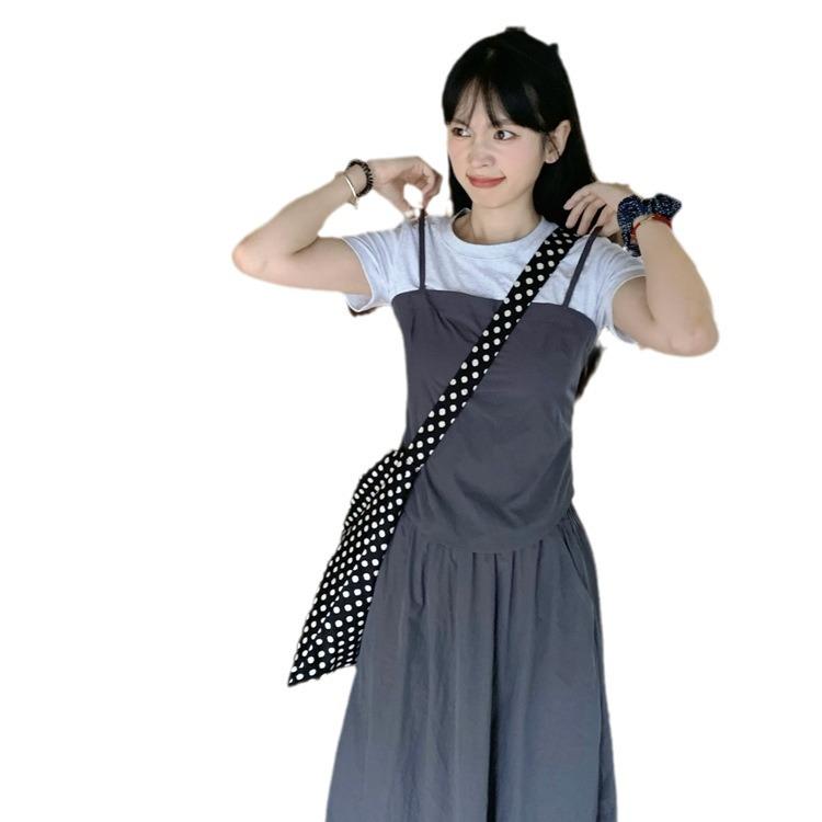 Women's 2024 Summer Sweet Color Block Short Sleeve High Waist Midi Dress Set