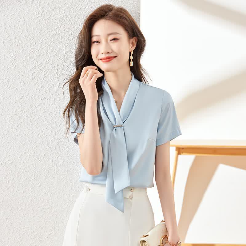 Women's Tie-Neck Chiffon Short Sleeve Blouse