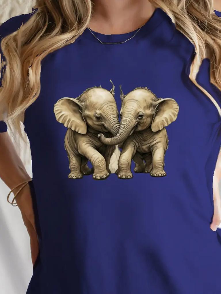 Cotton Vintage Two Hugging Elephants Print Tshirt For Women Casual Round Neck Short Sleeve Wildlife Animal Lover Streetwea