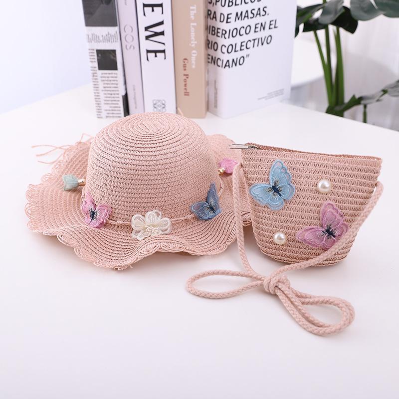 

Summer girl princess 2pcs a sets sun hat +bags Child baby casual Beach butterfly panama caps for holiday party Kid size (46-50cm) розовый