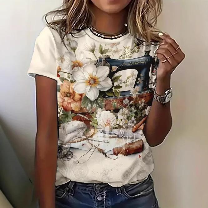Damen Sommer 3D-gedruckt Neues lässiges kurzärmeliges Blumen-Top T-Shirt