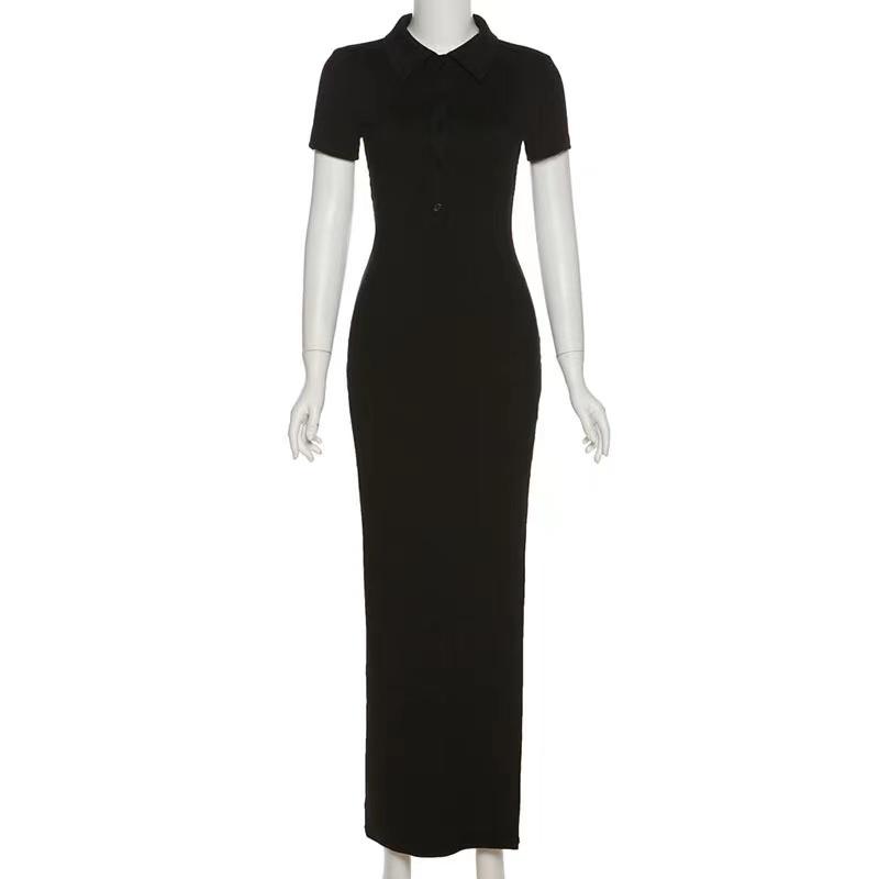 

Elegant Office Lady Maxi Dress Women Solid Fashion Turn-down Collar Short Sleeve Button Side Slit Body-Shaping Street Robe S чорний