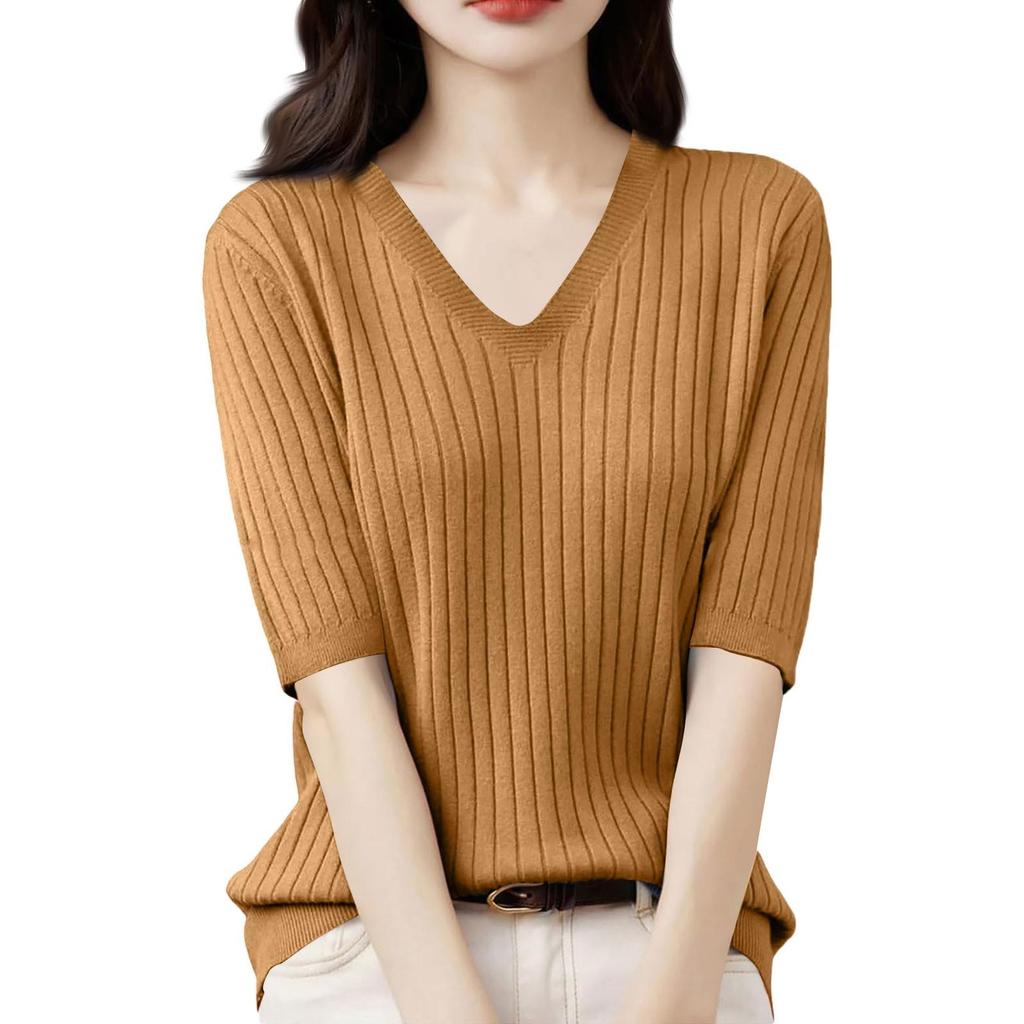 Women's Fashion Loose Knit Sweater Bottom Shirt V-Neck Pullover Half Sleeve Solid Color Top