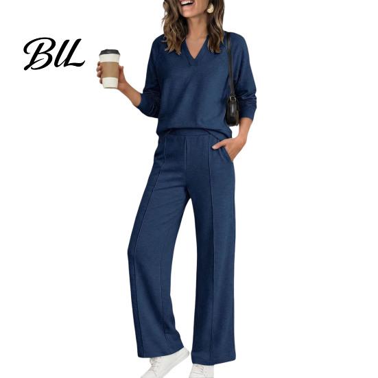Damen Sportanzüge Sweatshirt Hose 2-teiliges Set, V-Ausschnitt Langarm Oberteil & Weiter Passender Lounge Set Hosen mit Elastischem Bund, Einfarbig