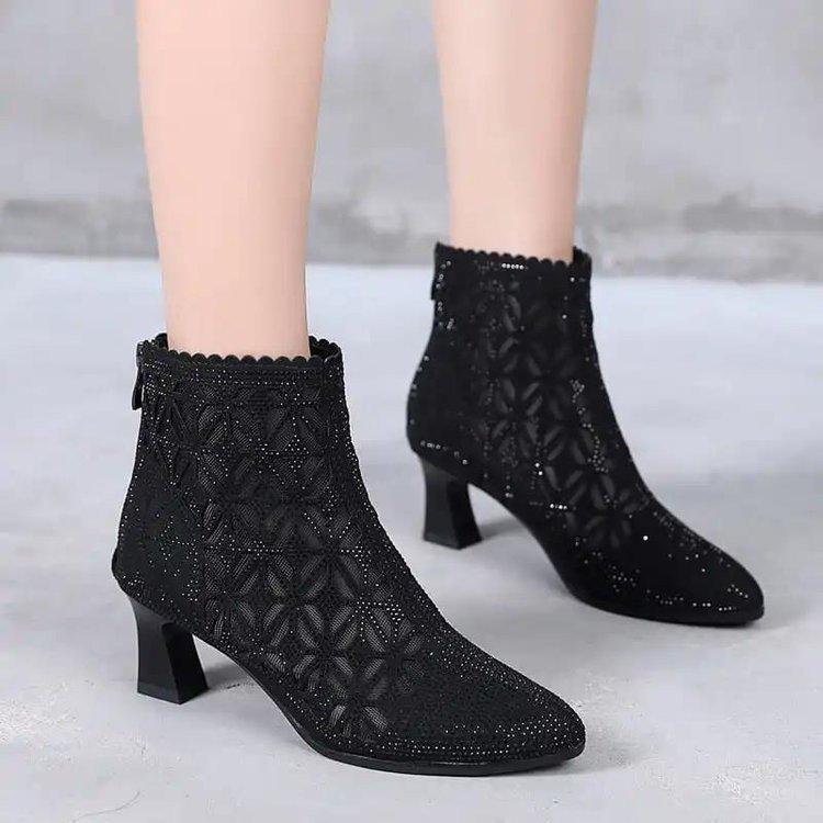 Spring and Summer High Heel Single Boots Women's Hollow Mesh Boots Thick Heel Mesh Cool Boots Martin Boots Breathable Mesh Shoes Pointed Tip