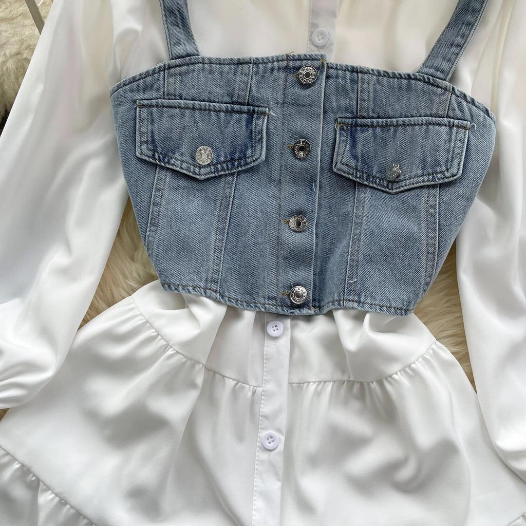 Koreansk Seriekläder Återupplivande Tvådelat Set Topp Retro Kort Jeansväst Trendigt Allmatchande Mellanlångt Skjortset