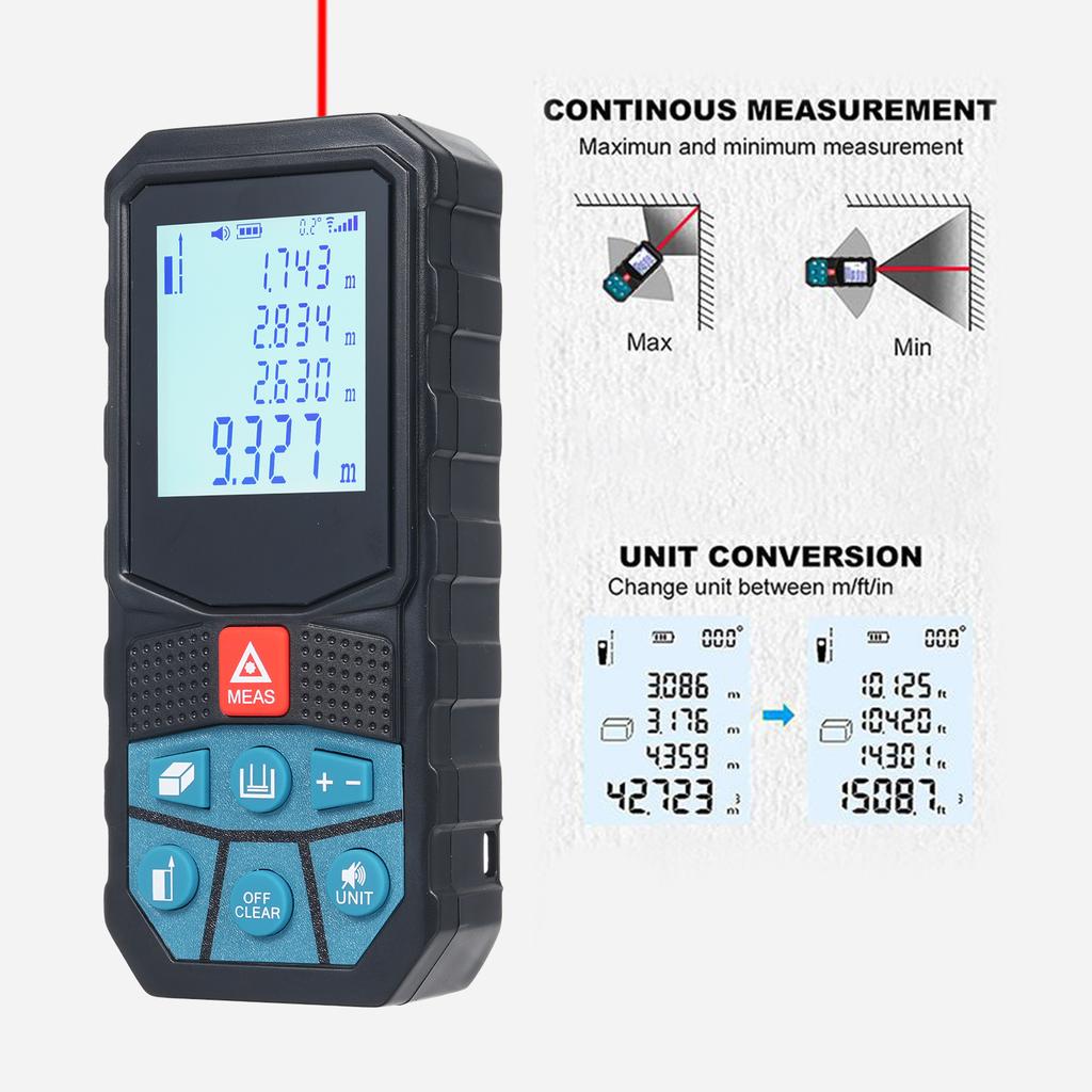Distance Meter Angle Sensor with 2inch Backlit LCD Screen High Accuracy Multi Measurement Modes Pythagorean Distance Area Volume Angles Measure
