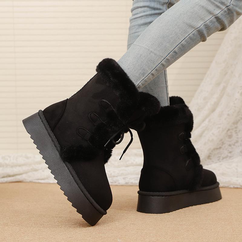Women's Winter Warm Fur Snow Boots Lace Up Fluffy Plush Platform Ankle Boots for Women Thick Bottom Non Slip Cotton Padded Shoes