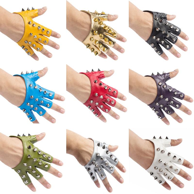 Half Finger Gloves for Men and Women Punk Street Dance Rivets for Half Finger Leather Gloves for Revealing Fingers on Stage Break Dance Gloves