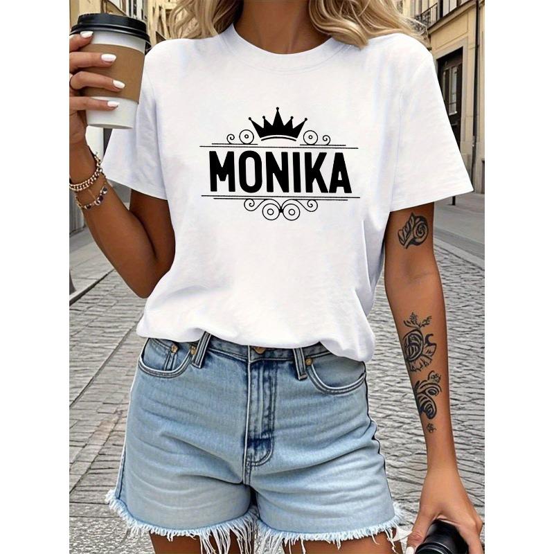 

Футболка с принтом букв Monika, с коротким рукавом, с круглым вырезом, повседневный топ для лета и весны, женская одежда S белый