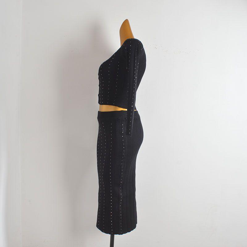 Stylish Heavy Industry Shiny Hot Drilling Knitting Cardigan Women's Clothes Fall/Winter Slim Slimming Skirt Fashion Two-Piece Suit