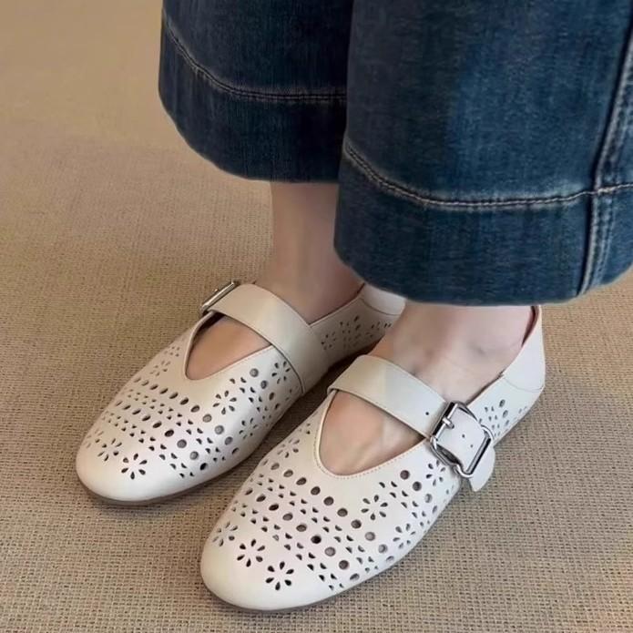 Bohemian Hollow Single Shoes Women's Gentle Hole Shoes Late Evening Breeze Grandma Shoes Leather Flat-soled French Mary Jane Shoes