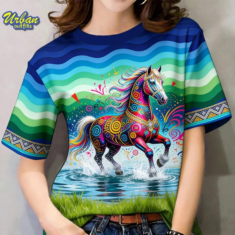 New Year's T-shirt with horse pattern print for women, 3D printed T-shirt