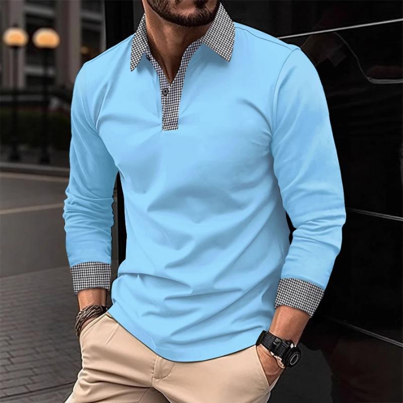Men's Beige Long Sleeve Polo Shirt With Checkered Collar And Cuffs