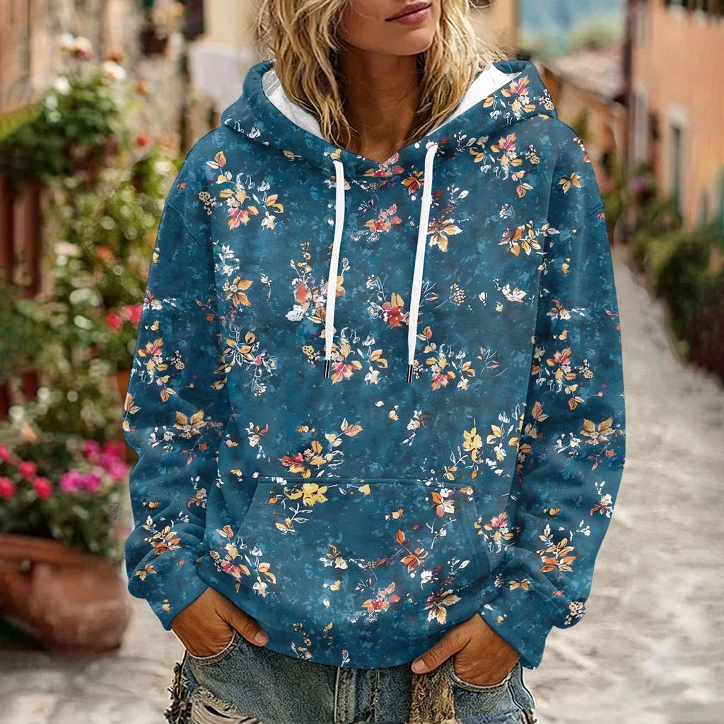 Women's Floral Print Long Sleeve Hoodie with Pocket and Casual Pullover Sweatshirt