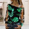 Plus Size Women Slanted Shoulder Long Sleeve Top Tropical Hibiscus Flower Print Mesh Lace Splicing Blouse