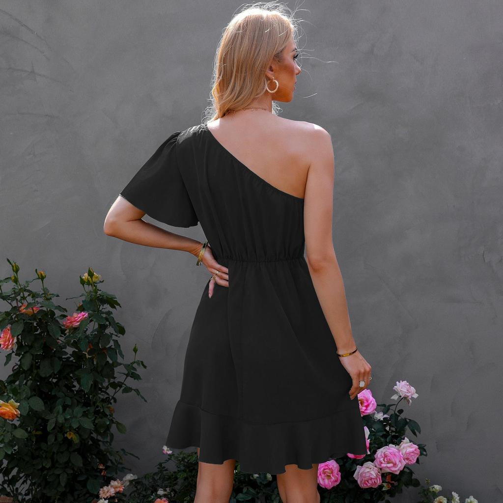 Woman Bodycon Lotus Dress Summer Fashion Short Sleeve One Shoulder Party Mini Dresses Casual Female Boho Beach Dress