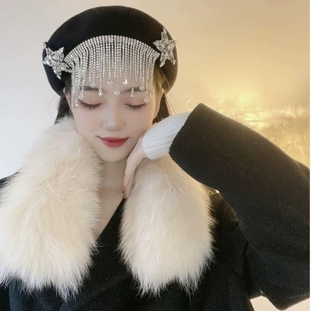 Dámské klobouky Originální Podzimní a Zimní Módní Retro Nádherný Lesklý Křišťál Dlouhý Střapec Haute Couture Vlna Malířský Baret