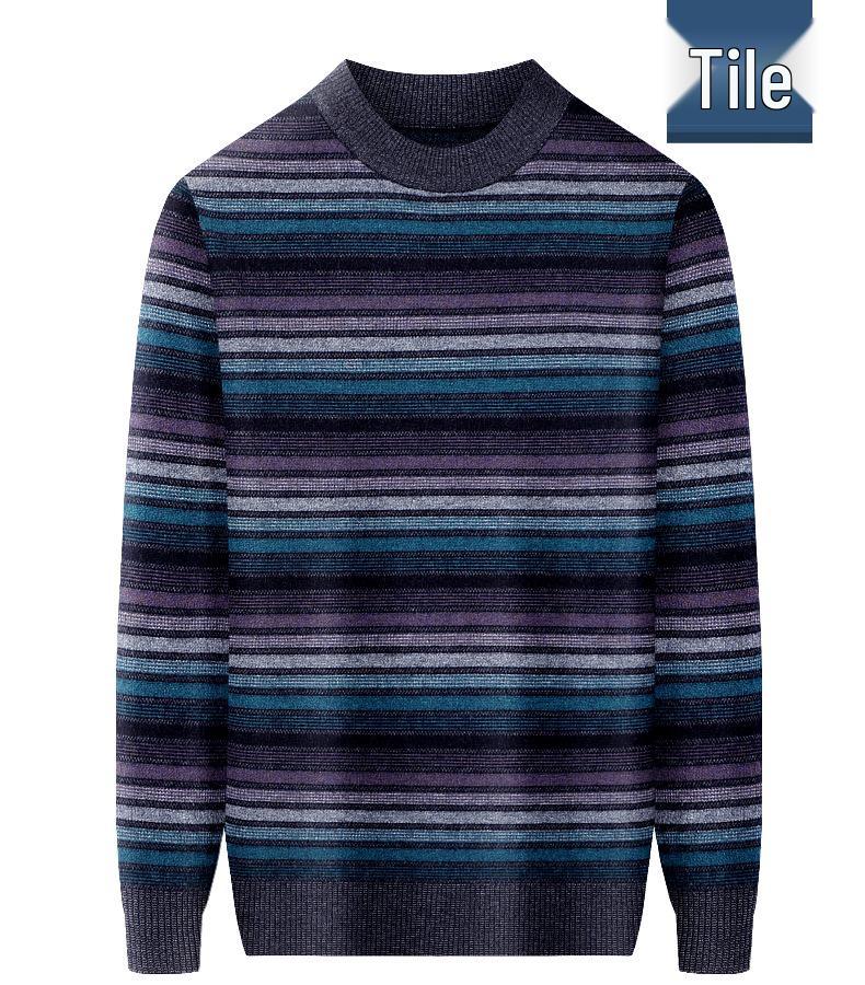 Men's Winter Thick Cashmere Sweater - Round Neck Business Casual Striped Merino Wool Knitwear.