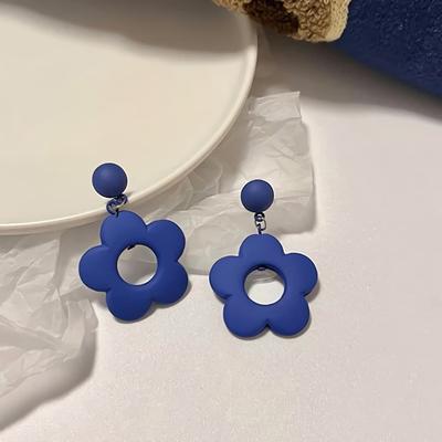 Women's Blue Flower Silver Needle Earrings