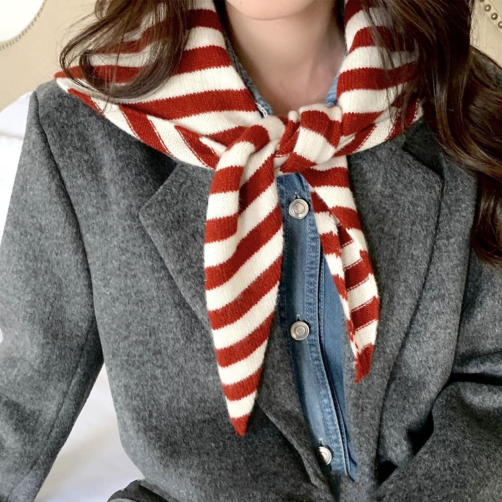 Versatile Striped Wool Knitted Triangle Scarf Women Fashion Wool Scarf Shawl Winter Warm Soft Knitted Hood Scarf Shawl Neck Wrap