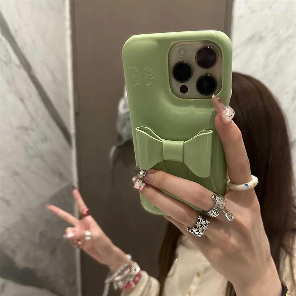 INS Korean Vintage Red 3D Bowknot Leather Phone Case For iPhone 17 16 15 14 13 12 Pro Max Creative Glossy Soap Soft Cover