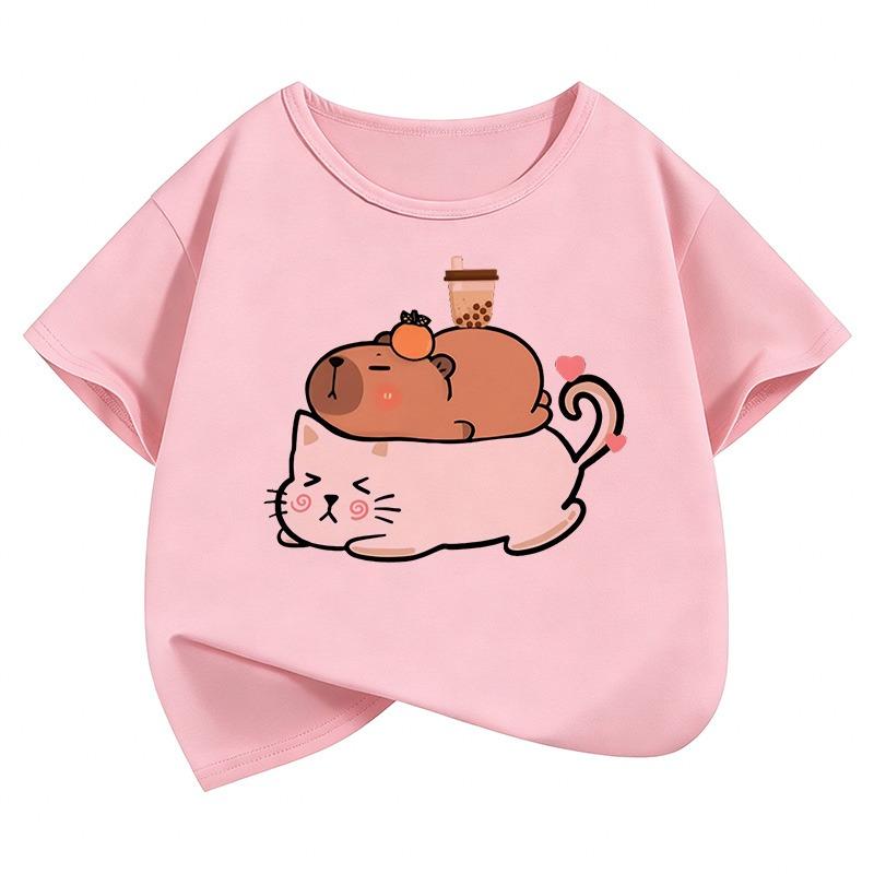 Cute Cat Capybara Kids Tshirts Summer Short Sleeve Tees Cartoon Boys Girls Clothes Kawaii Kitten Tops Y2K Children T-shirt