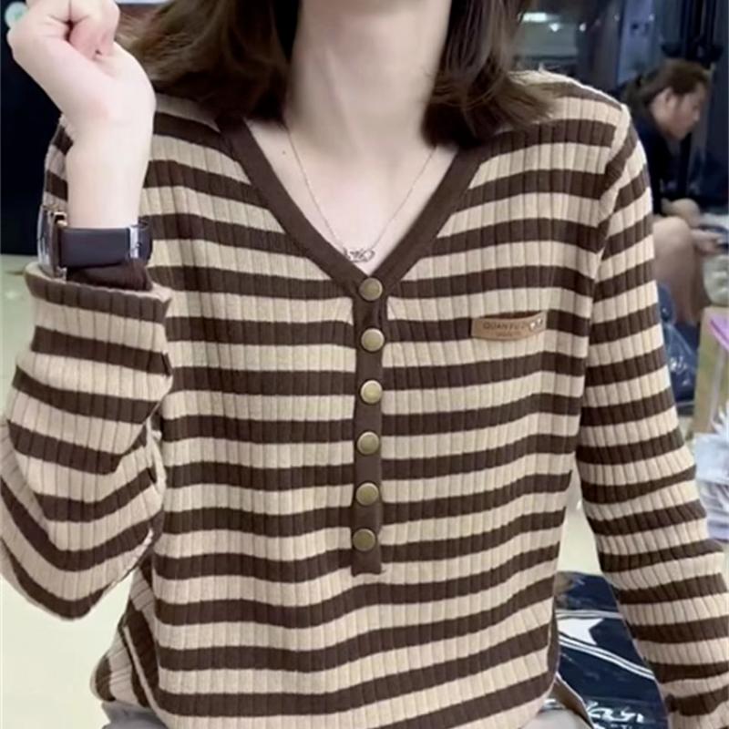 

Осень Зима Полосатый Контрастный Цвет Базовый Пуловер Вязаный Новый Однорядный С Длинным Рукавом Свитер Топ L кофейный