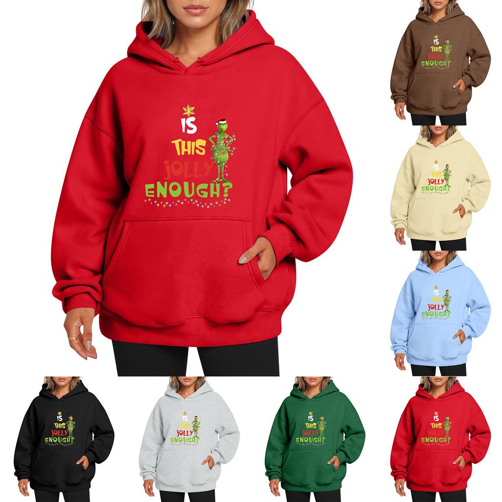 Ladies' Christmas Style Printed Hoodie With Wool And Pockets For Women