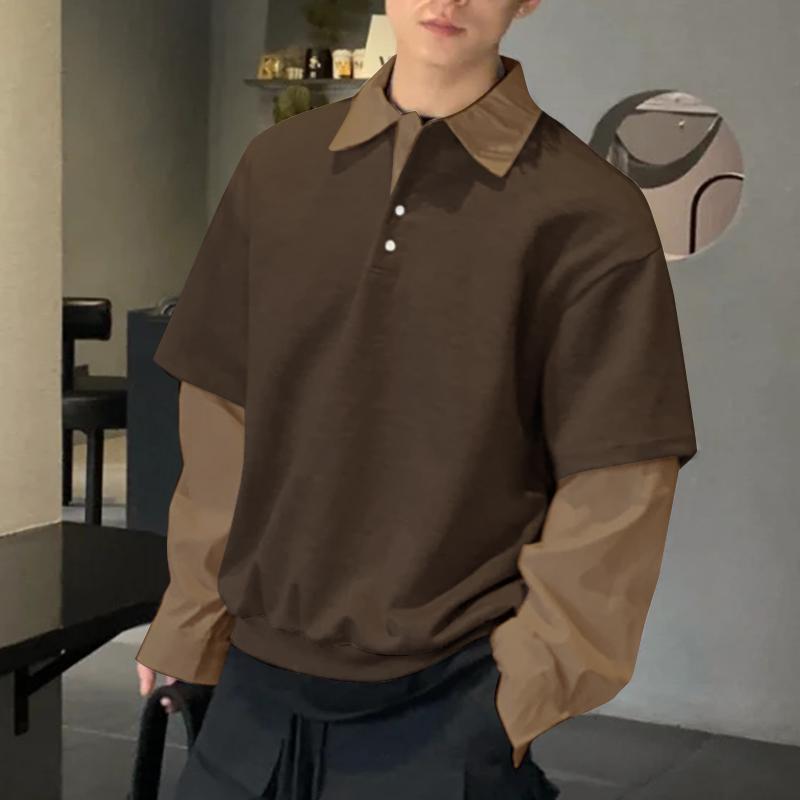 

INCERUN Men Lapel Neck Long Sleeve Patchwork Pullovers Autumn Casual Stitching Tops XL коричневий