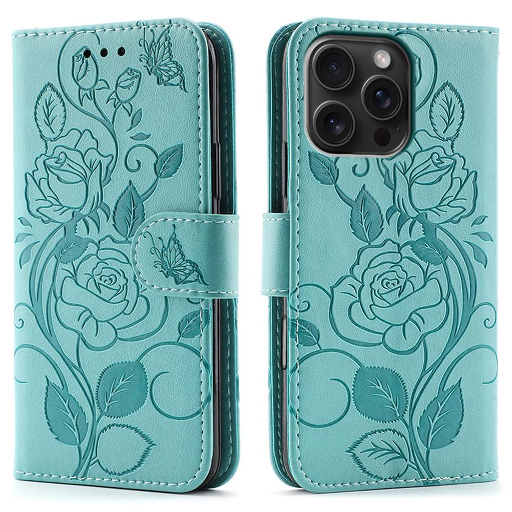 For iPhone 16 Pro Case Wallet Stand Imprinted Rose Butterfly PU Leather Phone Cover