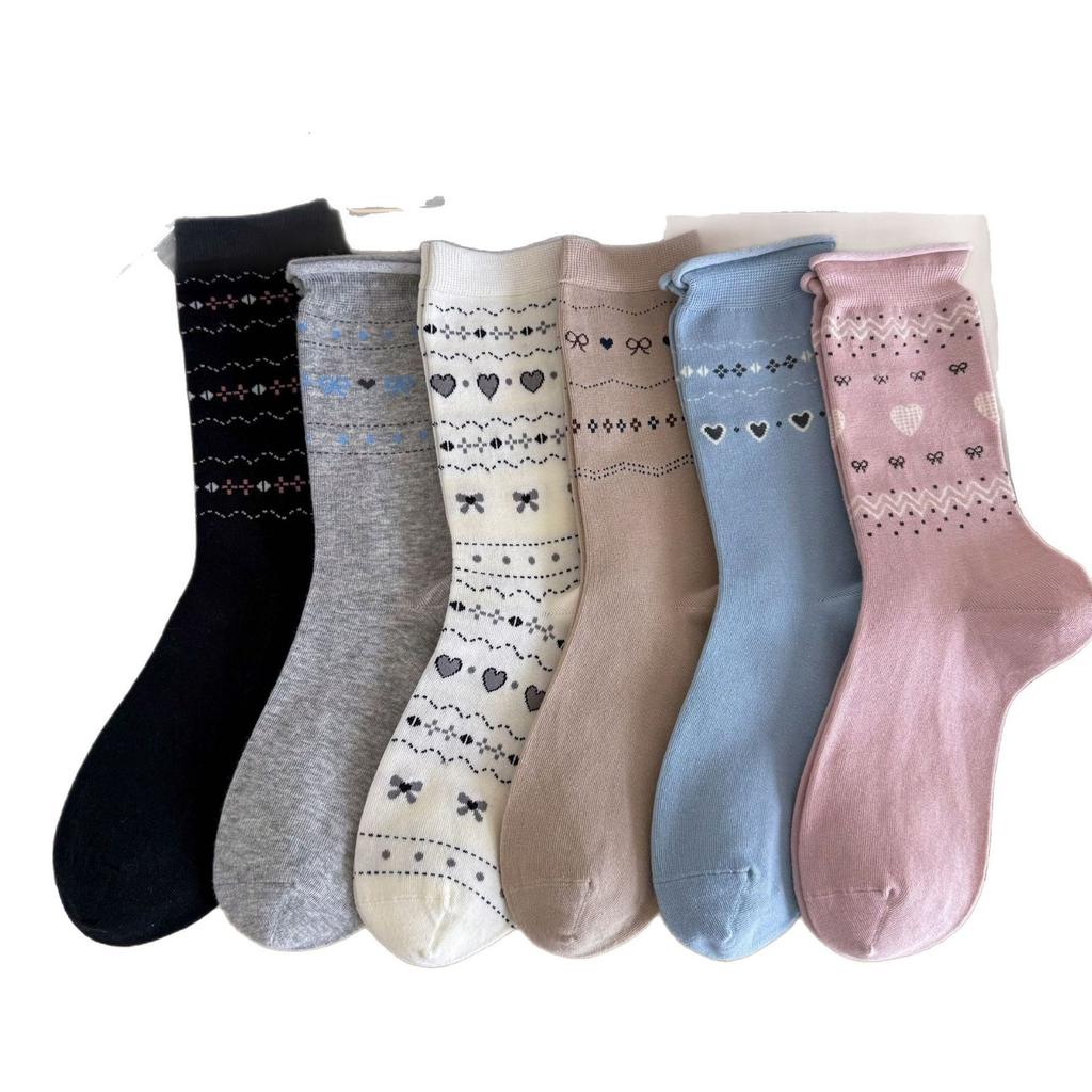 White Mid-Leg Socks, Style Bow Love Rolled Hemmed Cotton Socks, Korean Collegiate Style