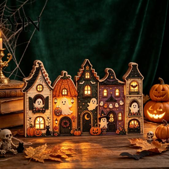 Rustikální podzimní středové dekorace stolu Halloween Retro strašidelná vesnice Dřevěná dekorace na stolní desku, Podzimní statek Čarodějnice Americký venkovský styl Figurky