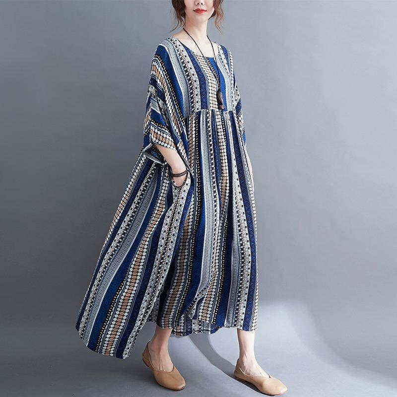 Real Shot Summer New Literary Large Size Loose Splicing Striped Short-sleeved Dress Women's Long Dress