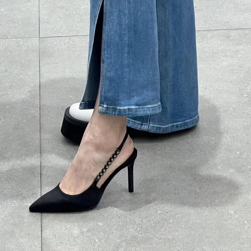 Módní Lesklé Vysoké Podpatky Slingback Stříbrné Dámské Lodičky Metalické Křišťálové Sandály Špičaté Stiletto Podpatky Společenské Boty Žena