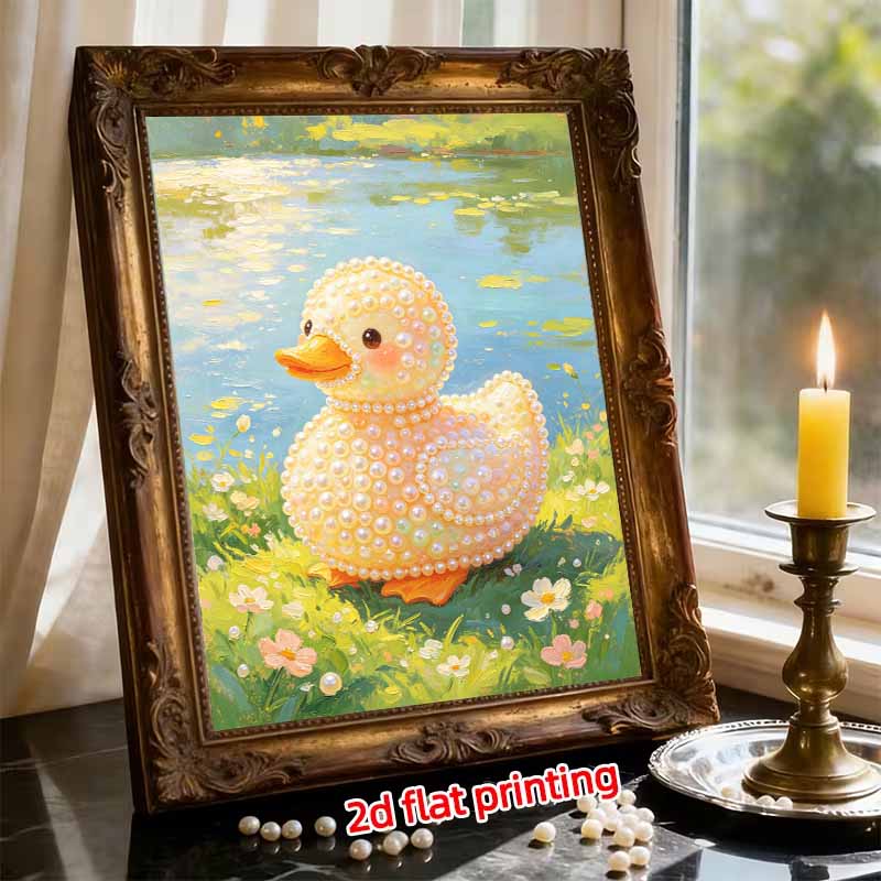 DIY Framed Pearl Painting Kit Cute Duckling Pattern Sparkling Bead Canvas Art for Living Room Decoration Wall Hanging Craft Gift Decor Set
