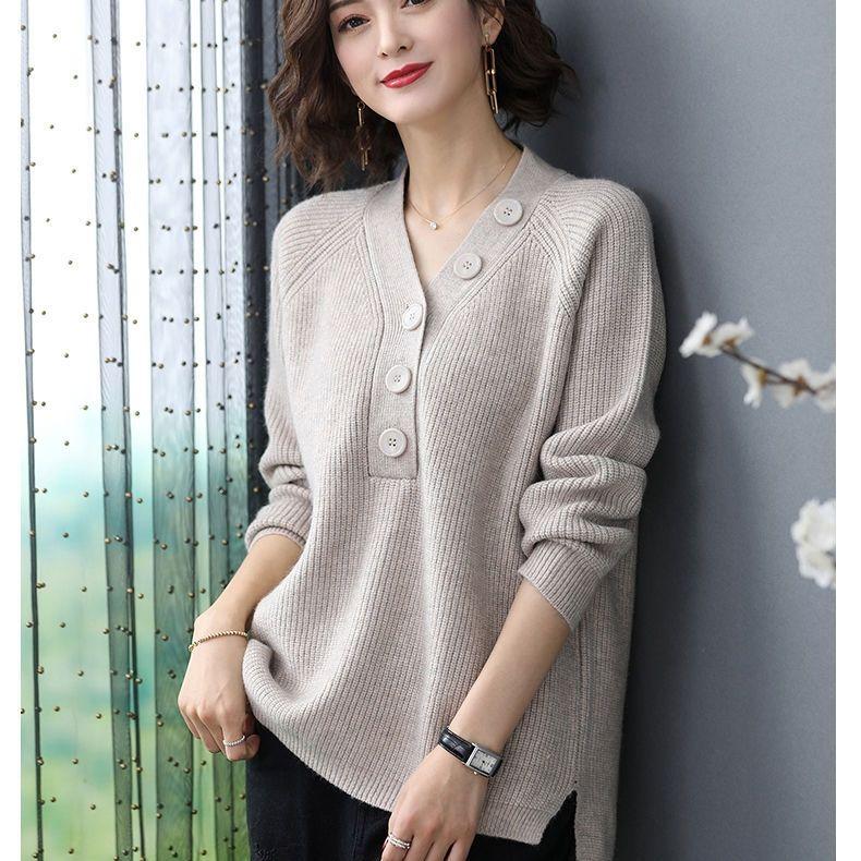 

Весенне-осенний женский свитер с V-образным вырезом, свободный свитер большого размера, трикотажный свитер с разрезом, трикотажные топы, джемпер 2XL верблюд