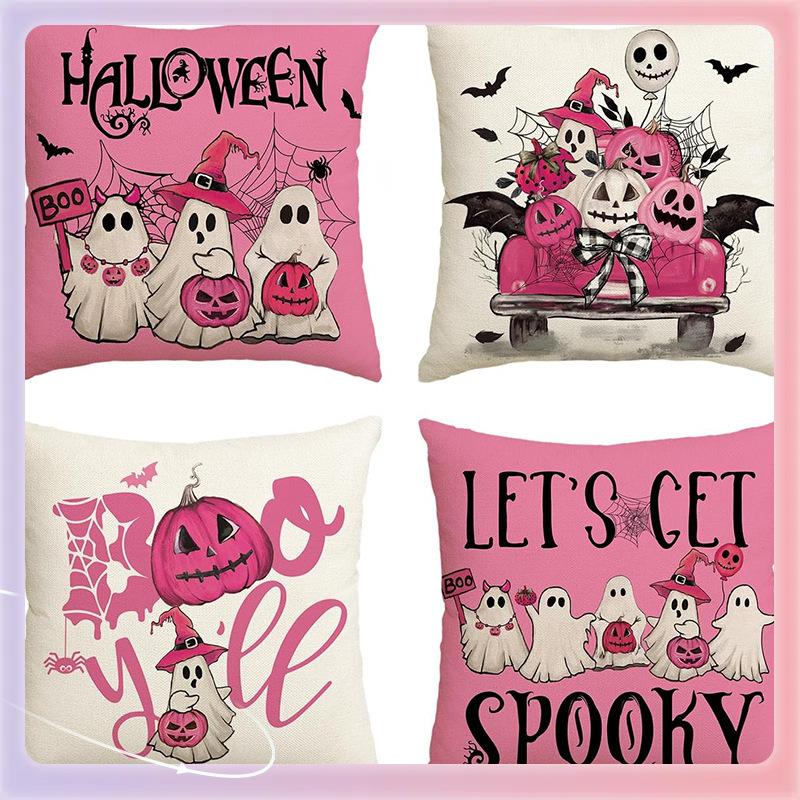 4pcs Halloween Cushion Cover Cute Ghost Scary Castle Cat Printed Washable Cover Halloween Theme Party Living Room Decoration