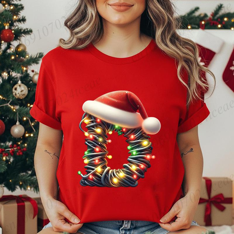 Women's Casual T-Shirt Christmas-lights-wrapped-letter Graphic Tshirt Christmas Design Round Neck Short Sleeve Tee Shirt Clothes