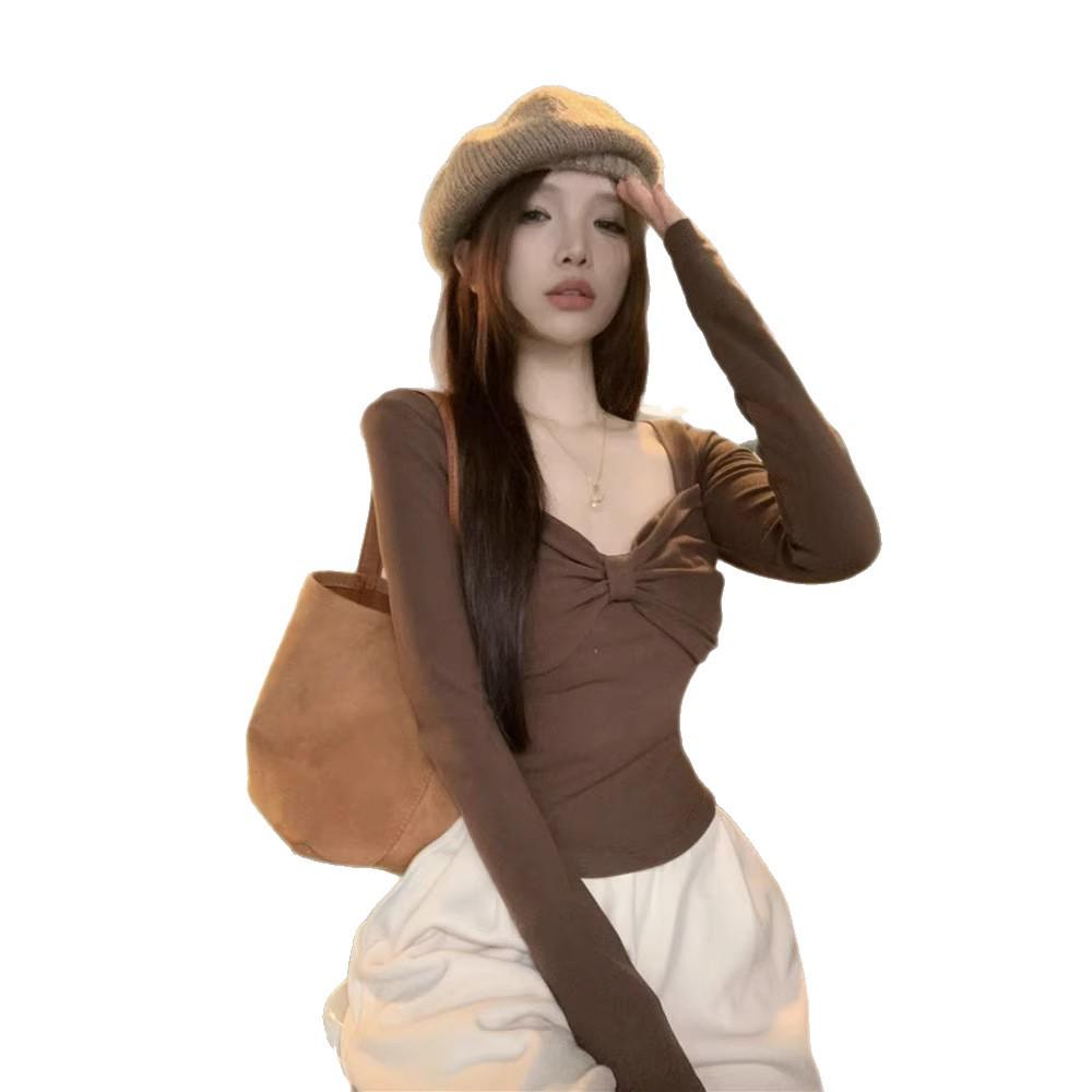 2025 Autumn/Winter Women's Coffee Bowknot Slim Fit Long Sleeve Base Layer Top