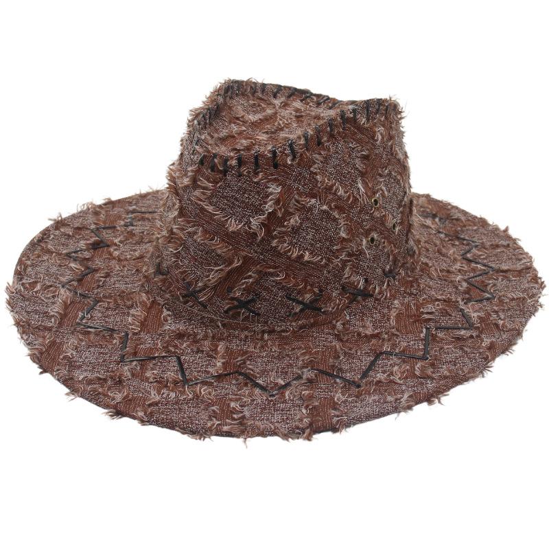 Rag Retro Western Cowboy Hat Jazz Top Hat Checkered Pattern Handsome Wear With Windbreak Rope