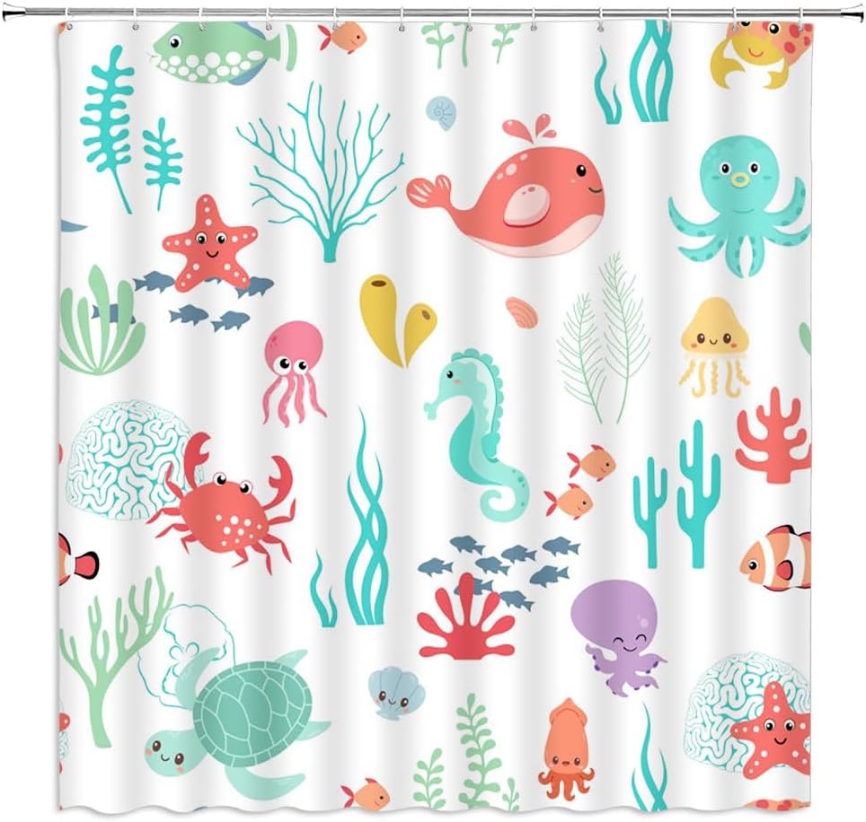 Cartoon Sea Animal Shower Curtain Nautical Ocean Underwater Coastal Beach Sea Marine Animal Dolphin Octopus Seaweed Boys 90x180CM