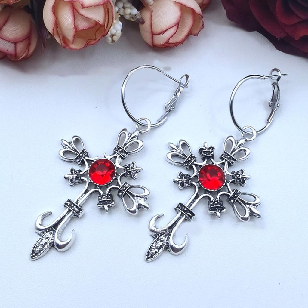 Gothic Punk Cross Earring Hip Hop Rock Red Oil Drip Crystal Drop Stud Earring