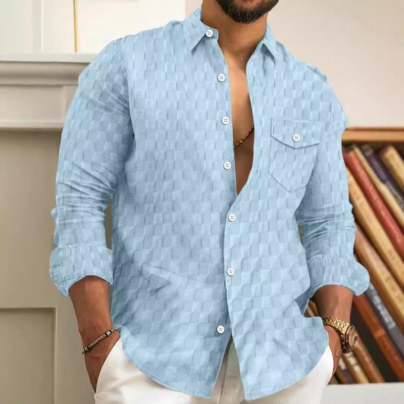Mens Plaid Jacquard Turn Down Collar Long Sleeve Loose Casual Shirt With Chest Pocket