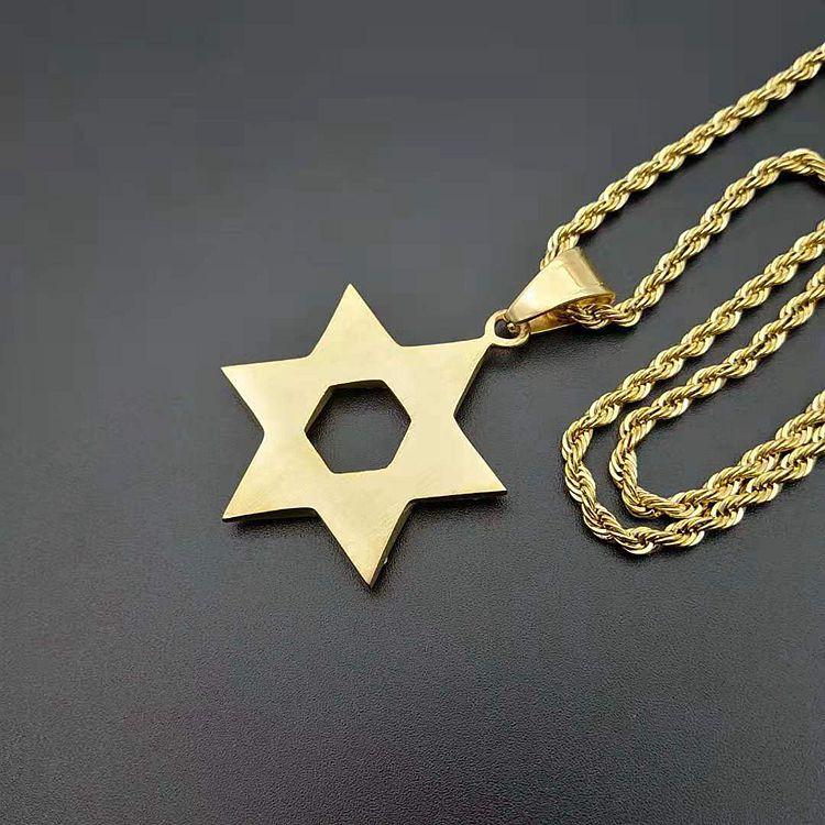New 1pcs Hip Hop Rhinestone Gold Color Stainless Steel Necklaces Jewish Star of David Hexagram Pendant Necklace for Men Rapper