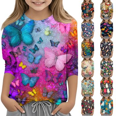 Kinder bedrucktes Rundhals Siebenviertelarm Freizeit T-Shirt